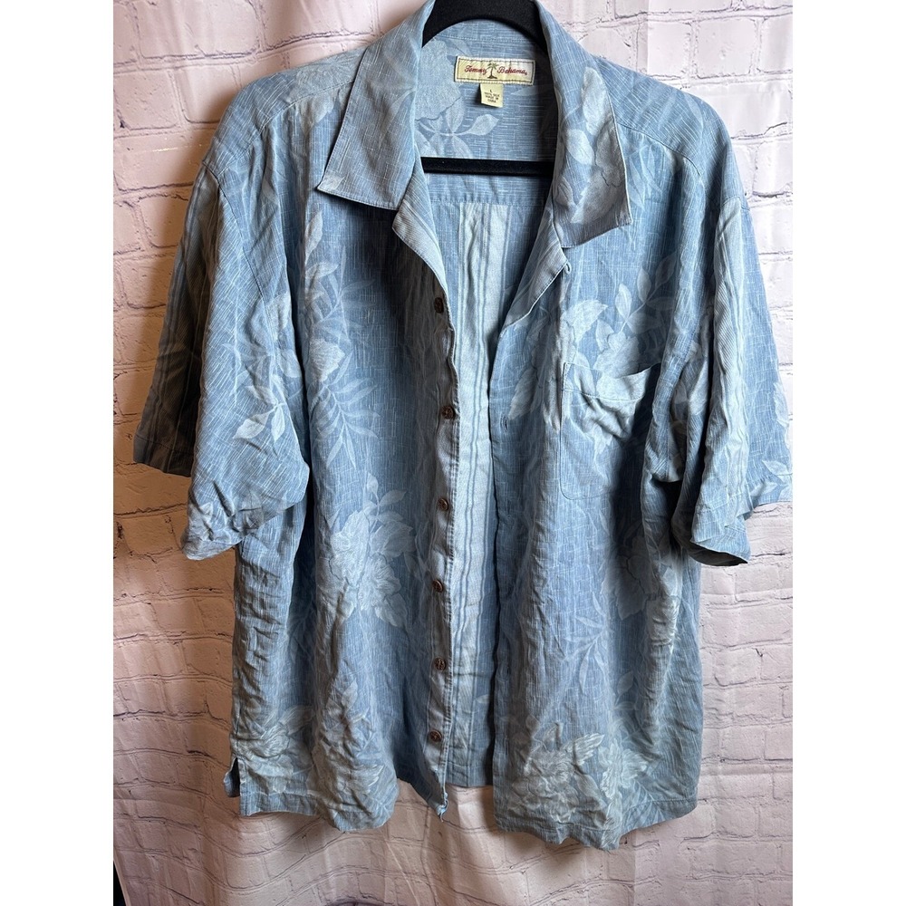 Tommy Bahama Silk Camp Shirt Floral Button Up Short Sleeve Blue Large
